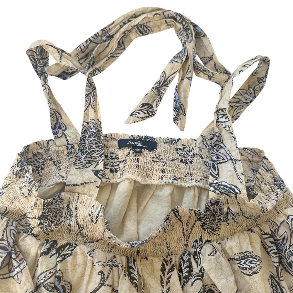Angels Forever Young Top Women L Beige Floral Paisley Smocked Tie Strap Babydoll - Picture 5 of 9
